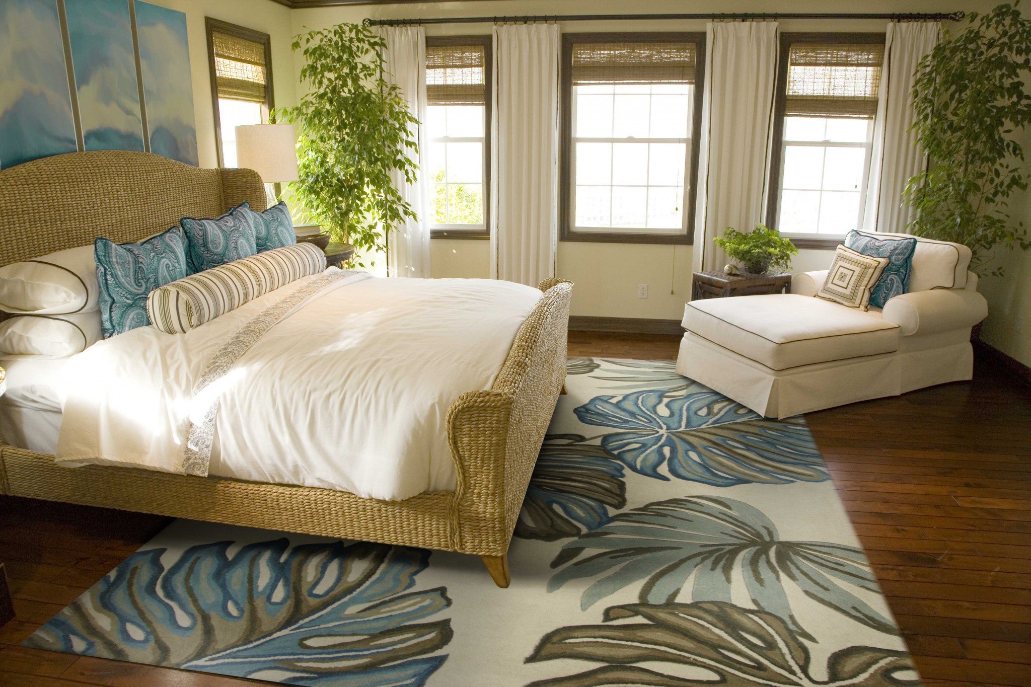 8' X 10' Brown Blue And Green Wool Tropical Botanical Hand Tufted Area Rug