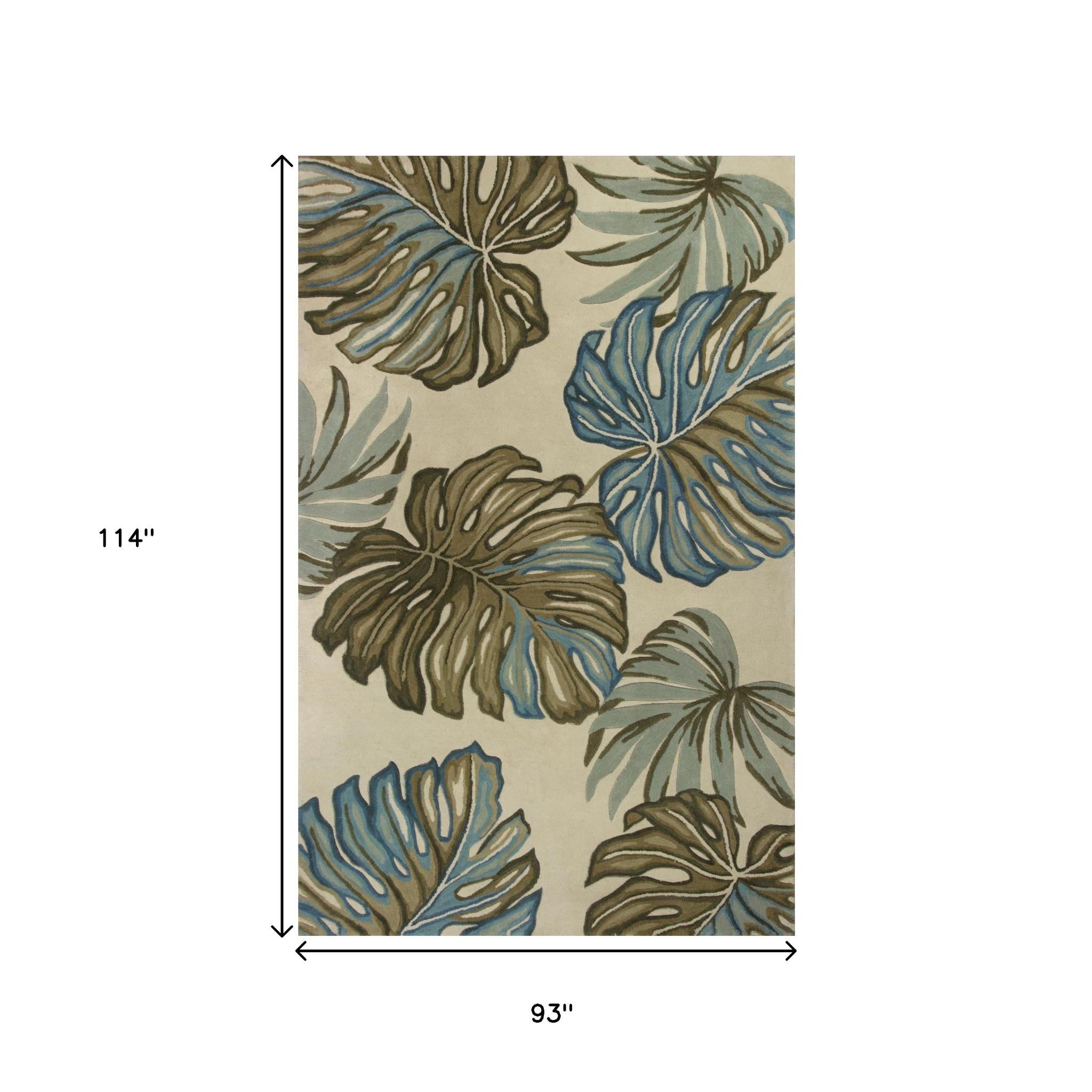8' X 10' Brown Blue And Green Wool Tropical Botanical Hand Tufted Area Rug