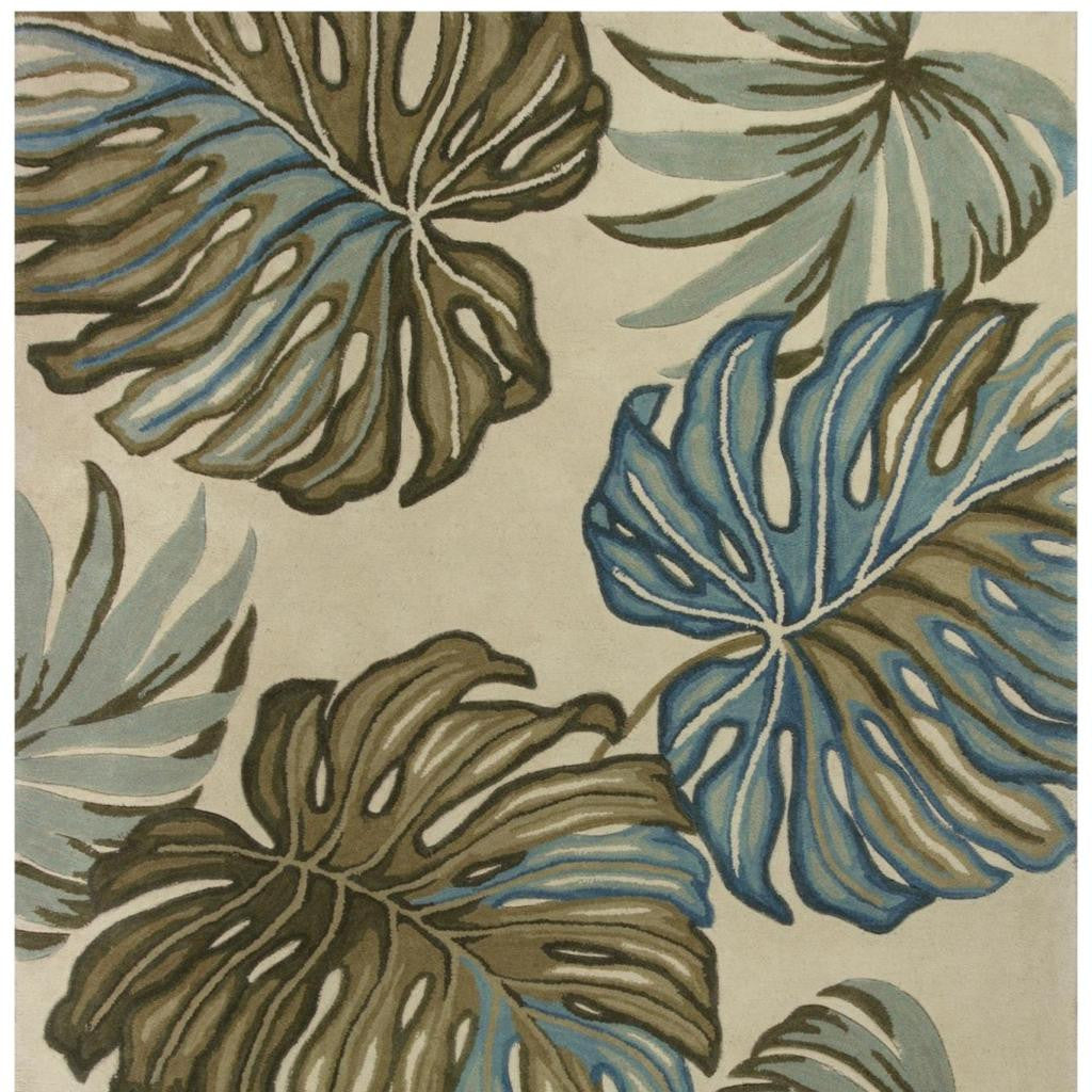 8' X 10' Brown Blue And Green Wool Tropical Botanical Hand Tufted Area Rug