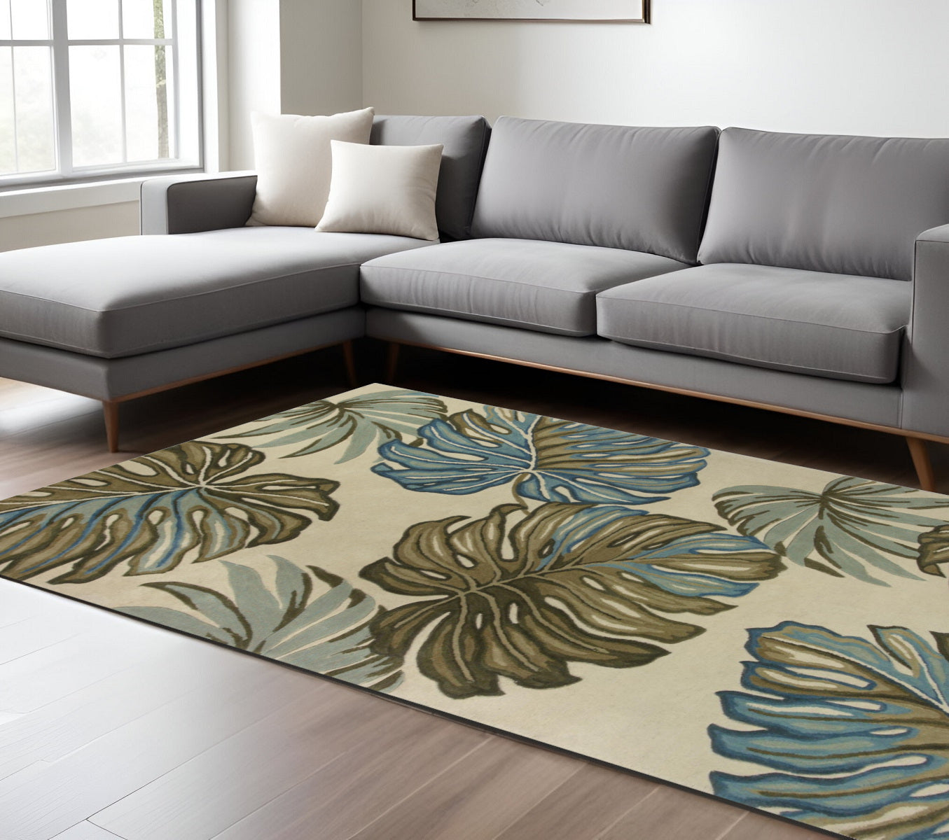 8' X 10' Brown Blue And Green Wool Tropical Botanical Hand Tufted Area Rug