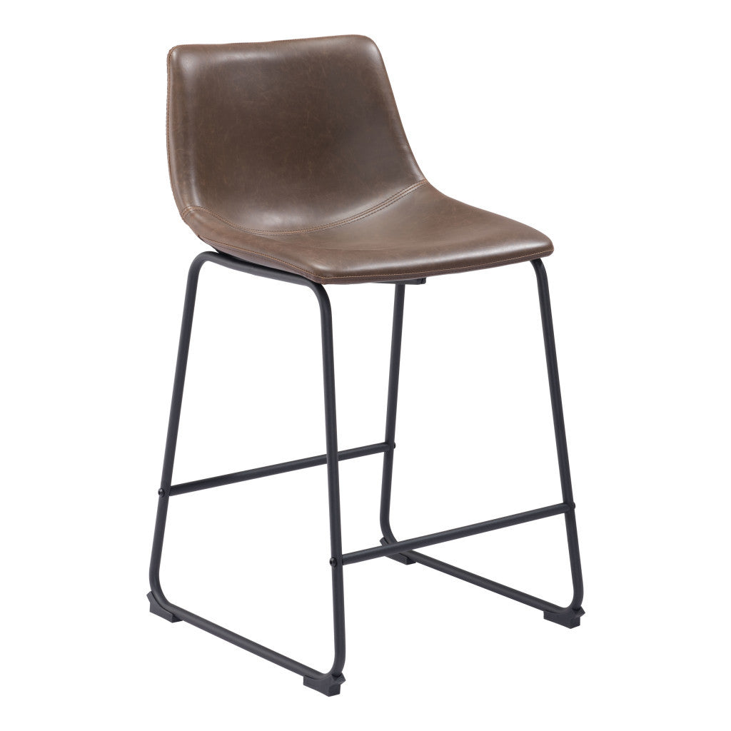 Set of Two 24" Espresso and Black Faux Leather and Steel Counter Height Bar Chairs