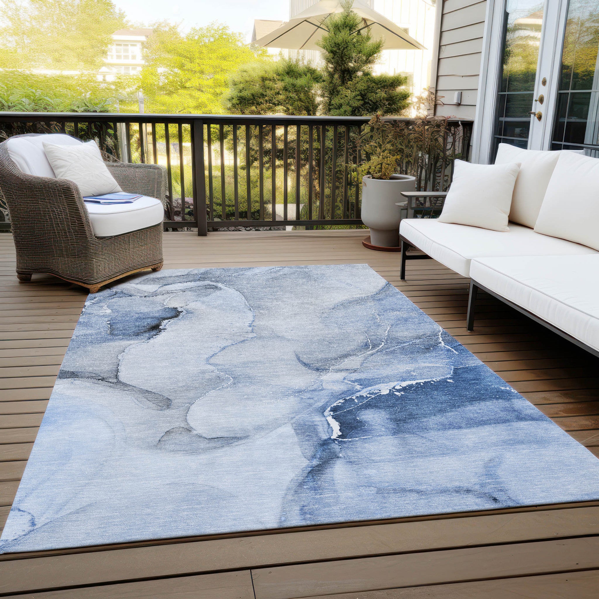 9' X 12' Blue and Gray Abstract Washable Non Skid Indoor Outdoor Area Rug