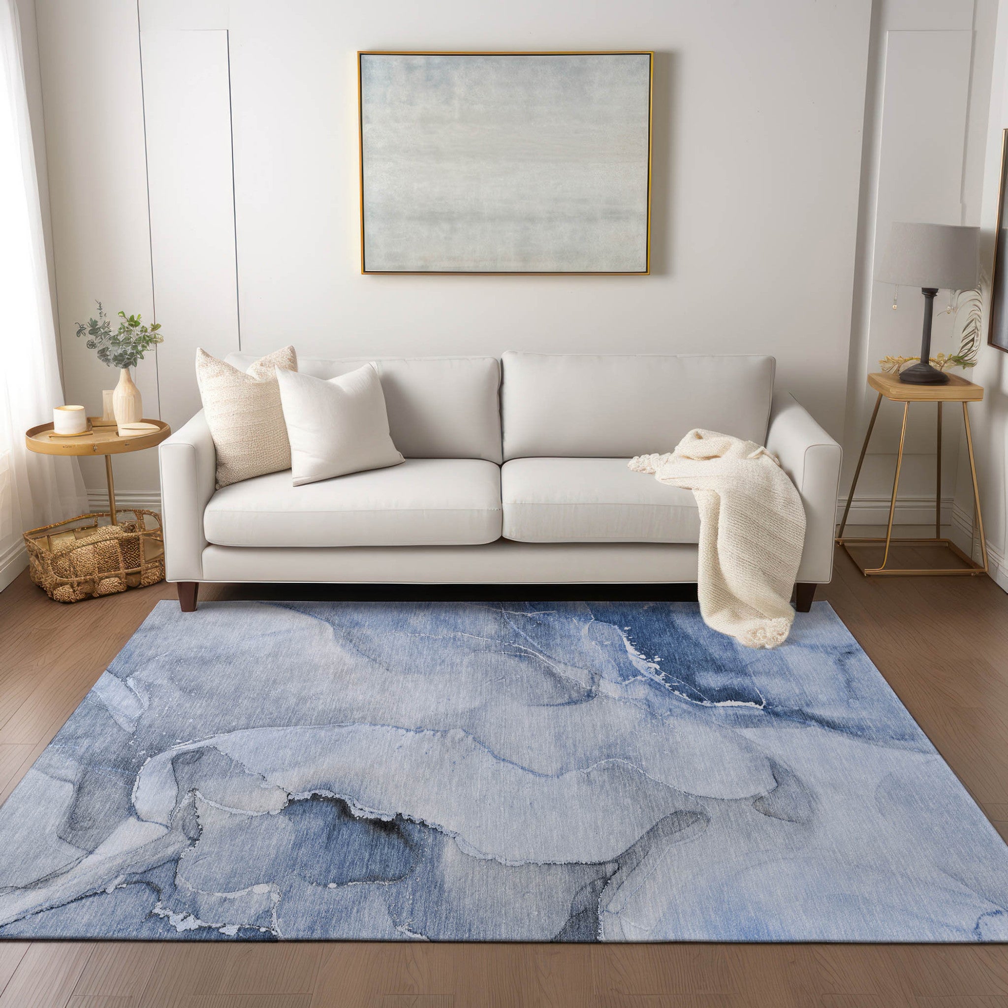 9' X 12' Blue and Gray Abstract Washable Non Skid Indoor Outdoor Area Rug