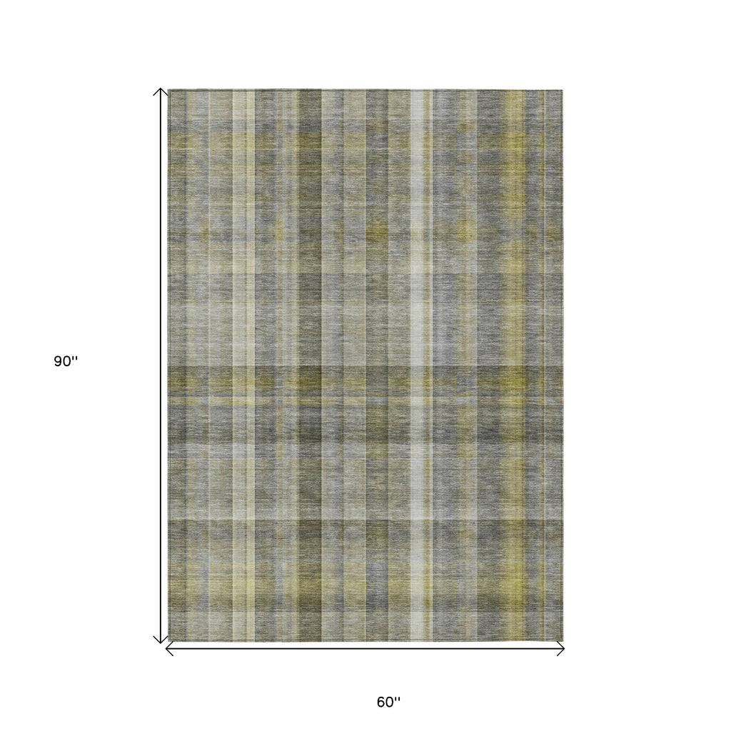 5' X 8' Gray Plaid Washable Non Skid Indoor Outdoor Area Rug