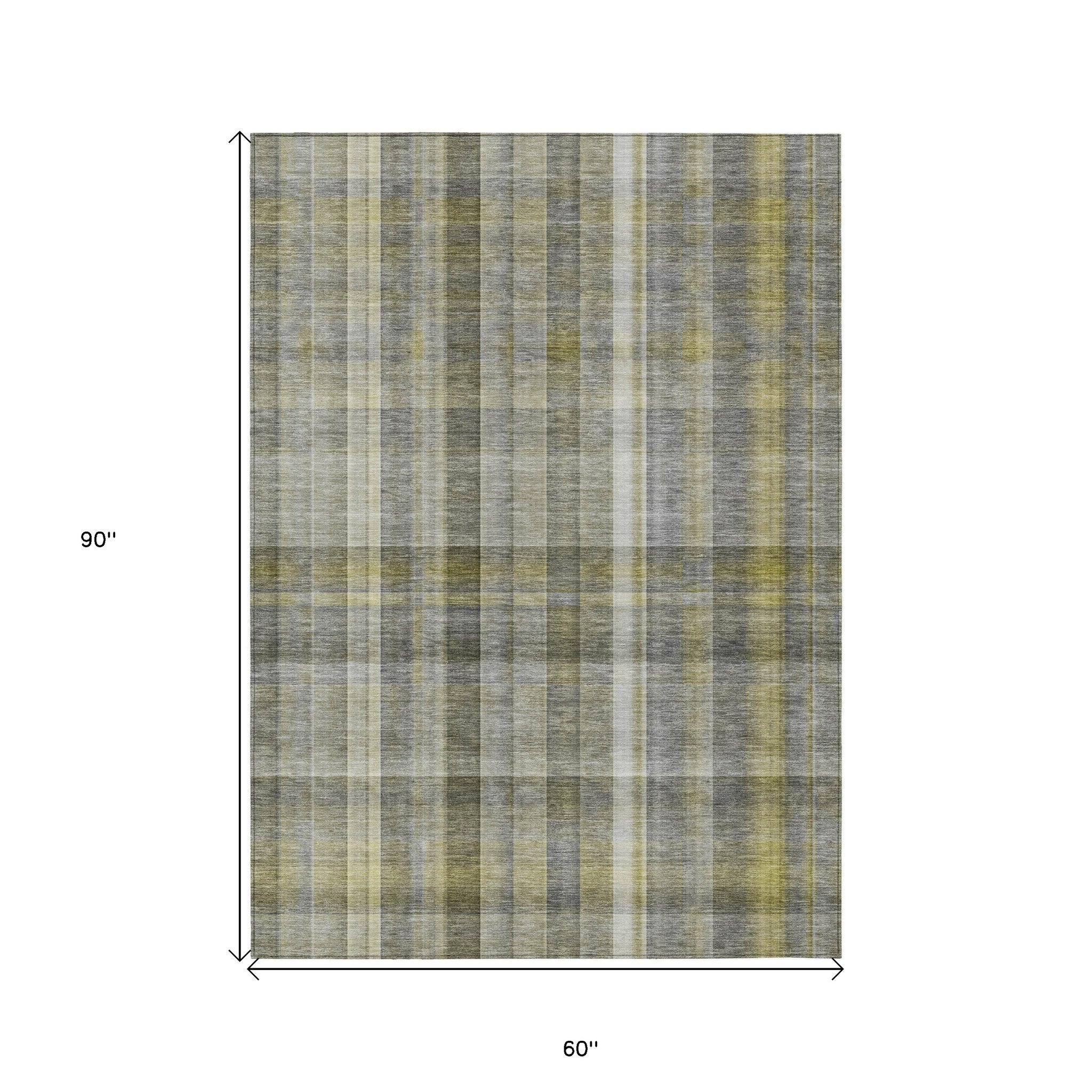 5' X 8' Gray Plaid Washable Non Skid Indoor Outdoor Area Rug