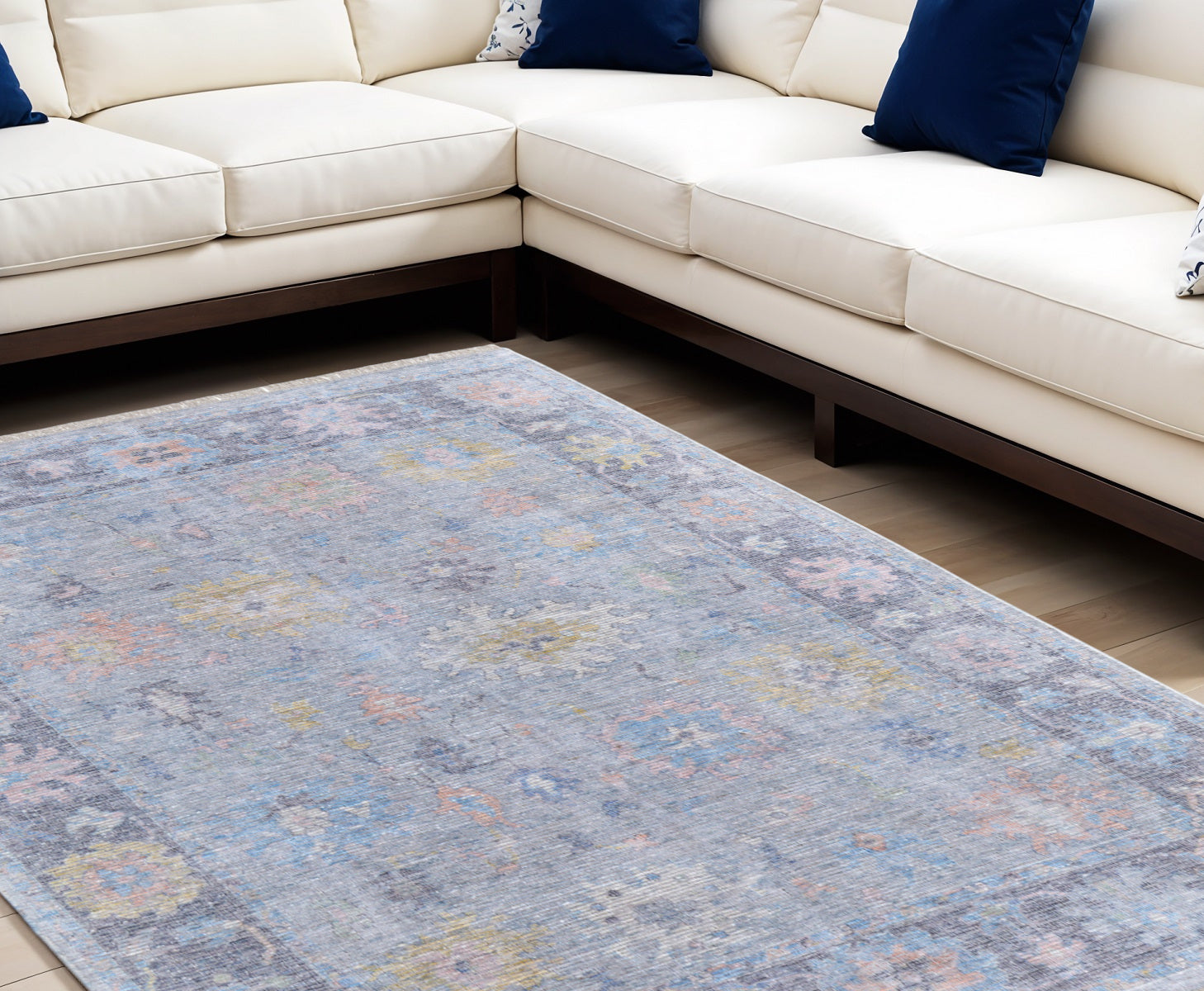 10' X 14' Orange Blue and Gold Floral Hand Woven Distressed Area Rug With Fringe