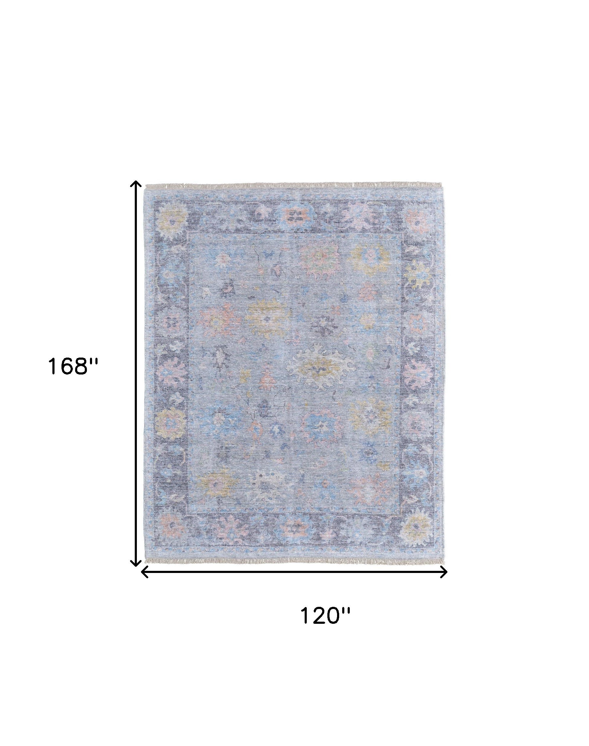 10' X 14' Orange Blue and Gold Floral Hand Woven Distressed Area Rug With Fringe