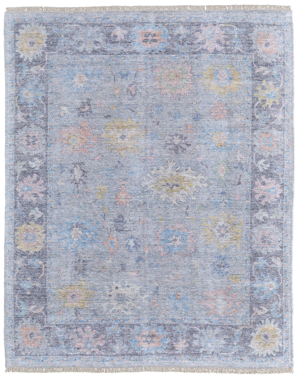 10' X 14' Orange Blue and Gold Floral Hand Woven Distressed Area Rug With Fringe