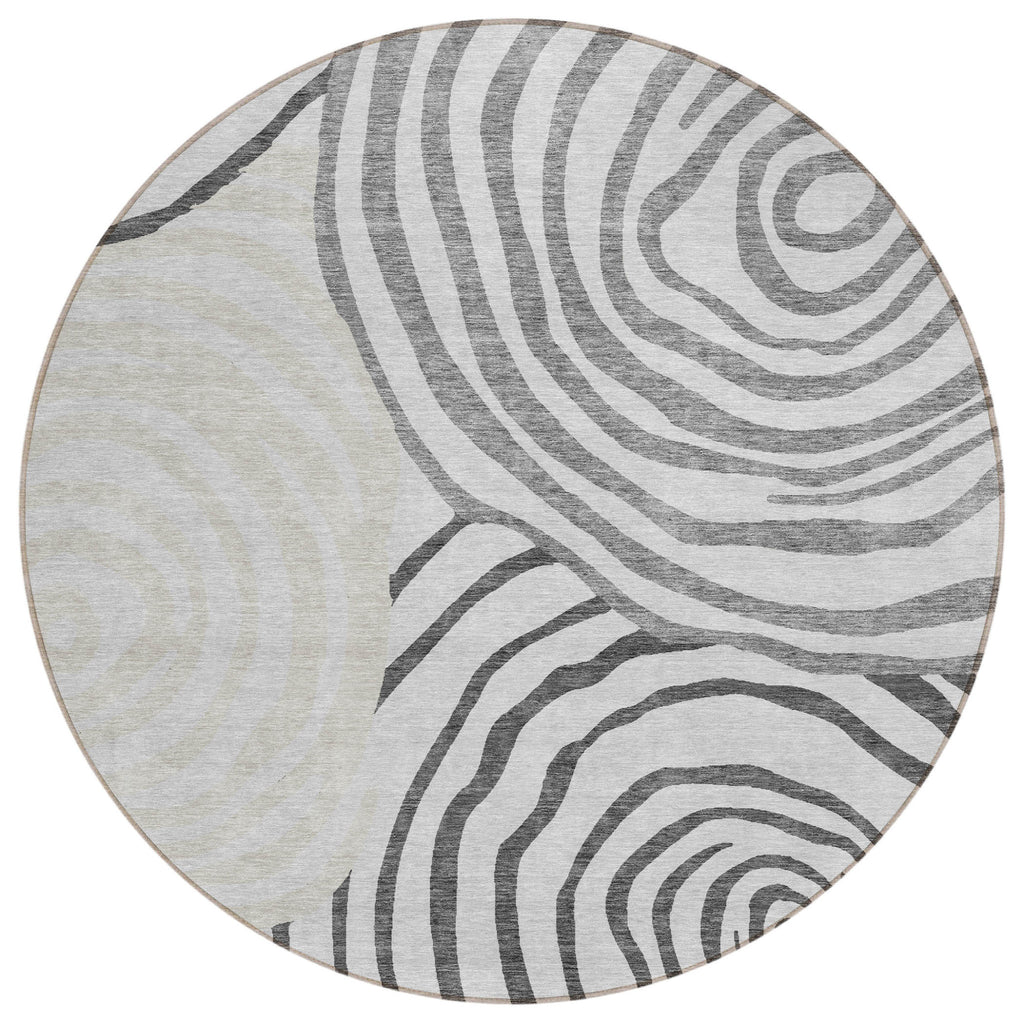 8' Gray Charcoal And Silver Round Abstract Washable Indoor Outdoor Area Rug