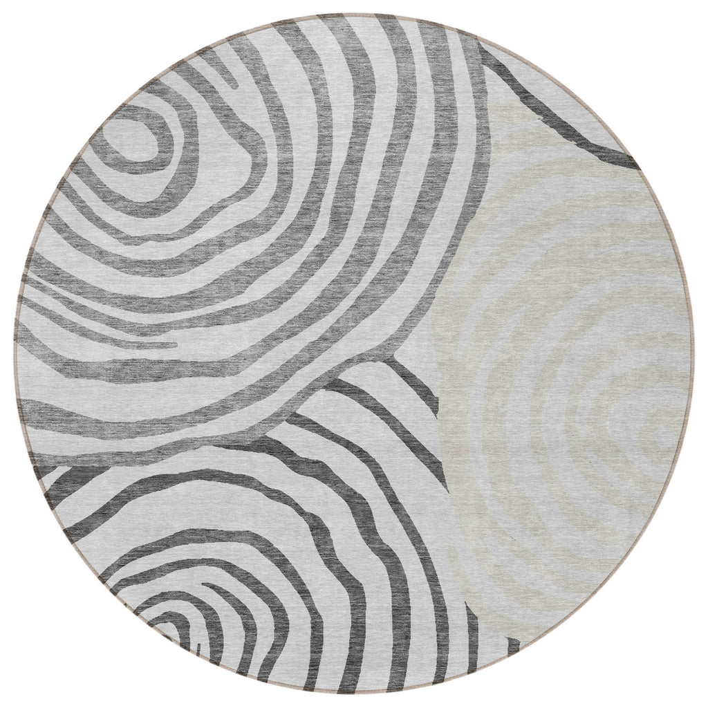 8' Gray Charcoal And Silver Round Abstract Washable Indoor Outdoor Area Rug