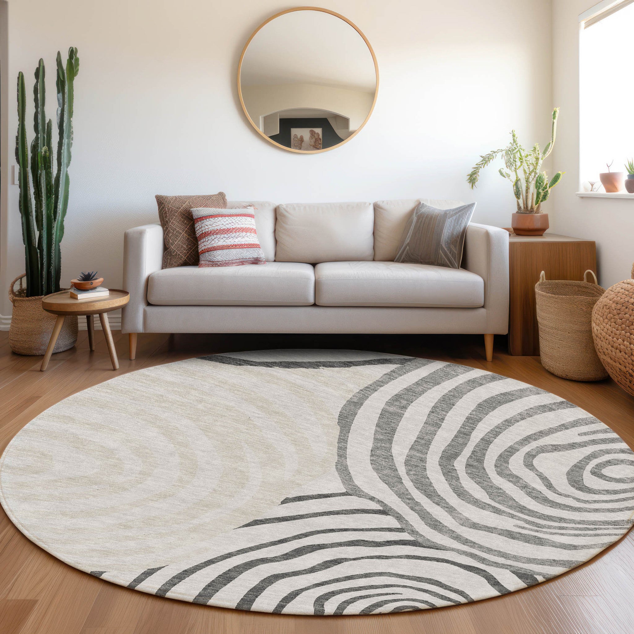8' Gray Charcoal And Silver Round Abstract Washable Indoor Outdoor Area Rug