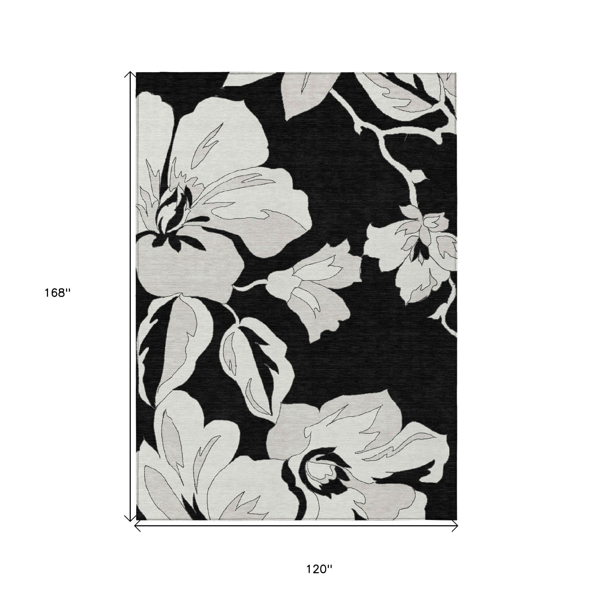 10' X 14' Black Gray And Silver Floral Washable Indoor Outdoor Area Rug