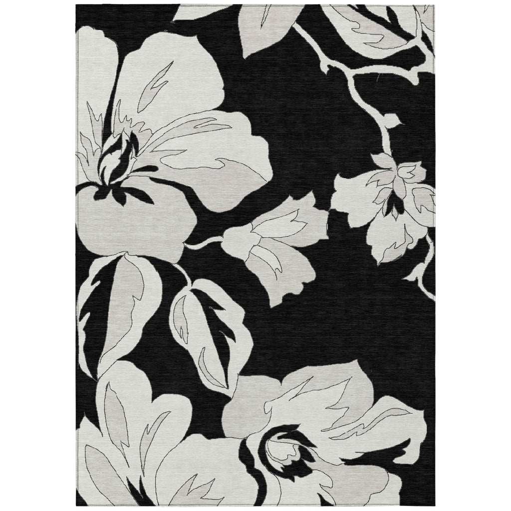 10' X 14' Black Gray And Silver Floral Washable Indoor Outdoor Area Rug