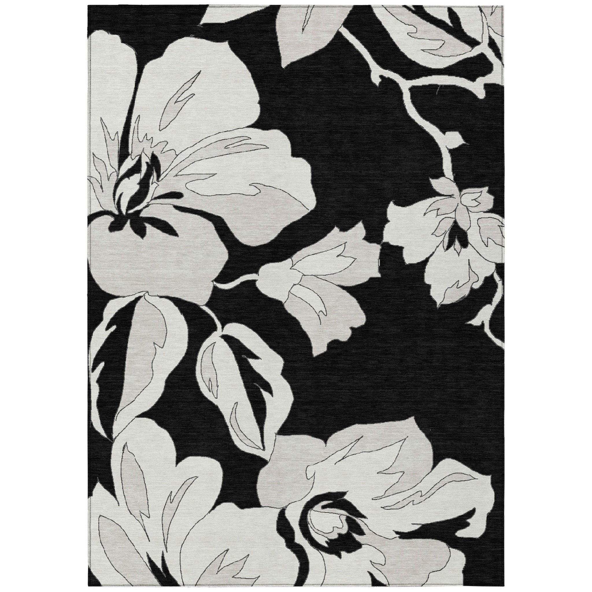 10' X 14' Black Gray And Silver Floral Washable Indoor Outdoor Area Rug