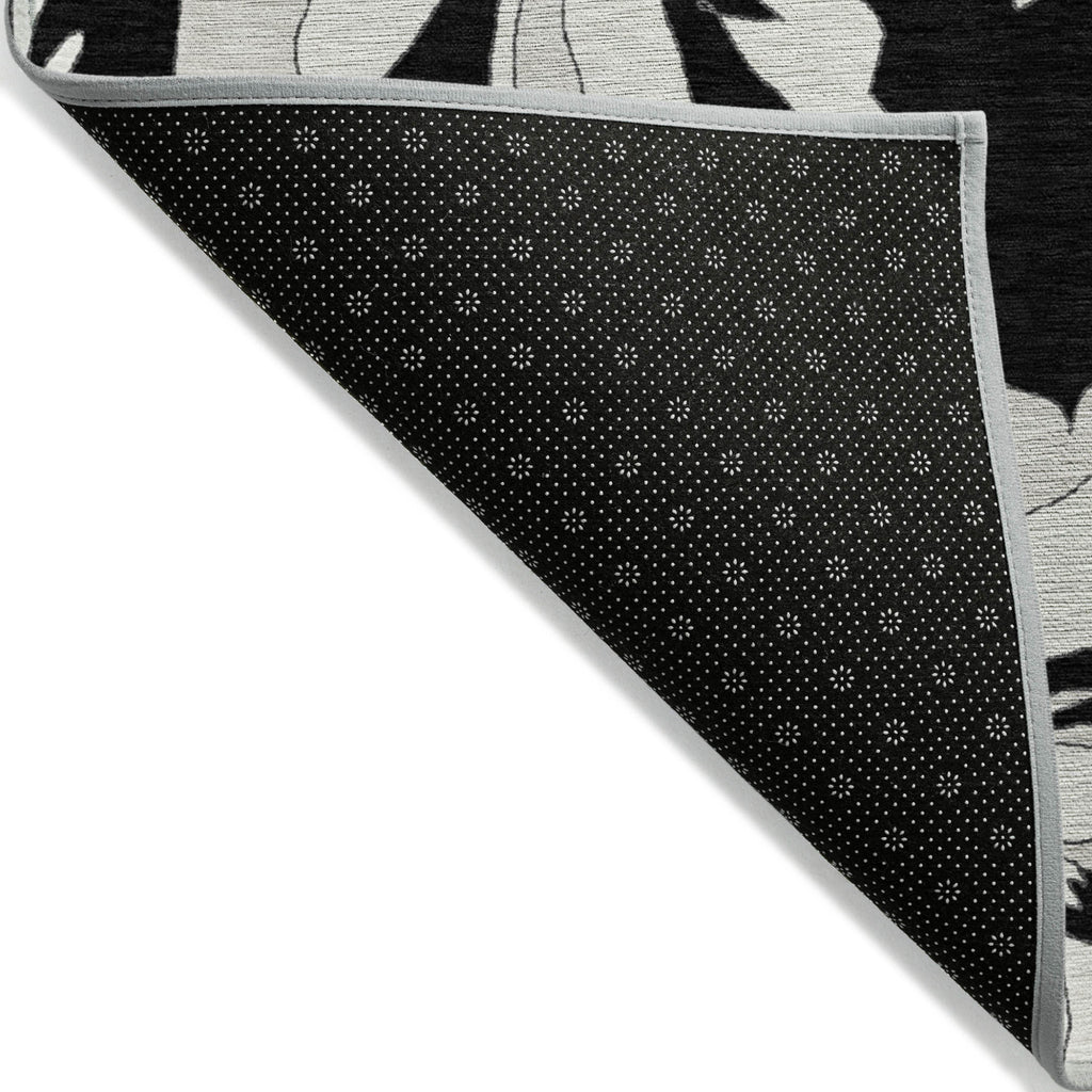 10' X 14' Black Gray And Silver Floral Washable Indoor Outdoor Area Rug