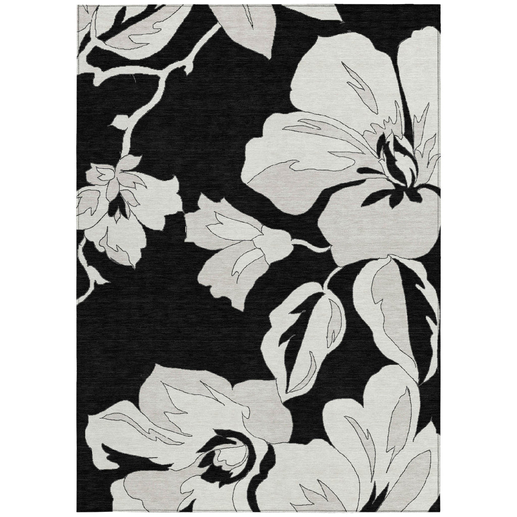 10' X 14' Black Gray And Silver Floral Washable Indoor Outdoor Area Rug