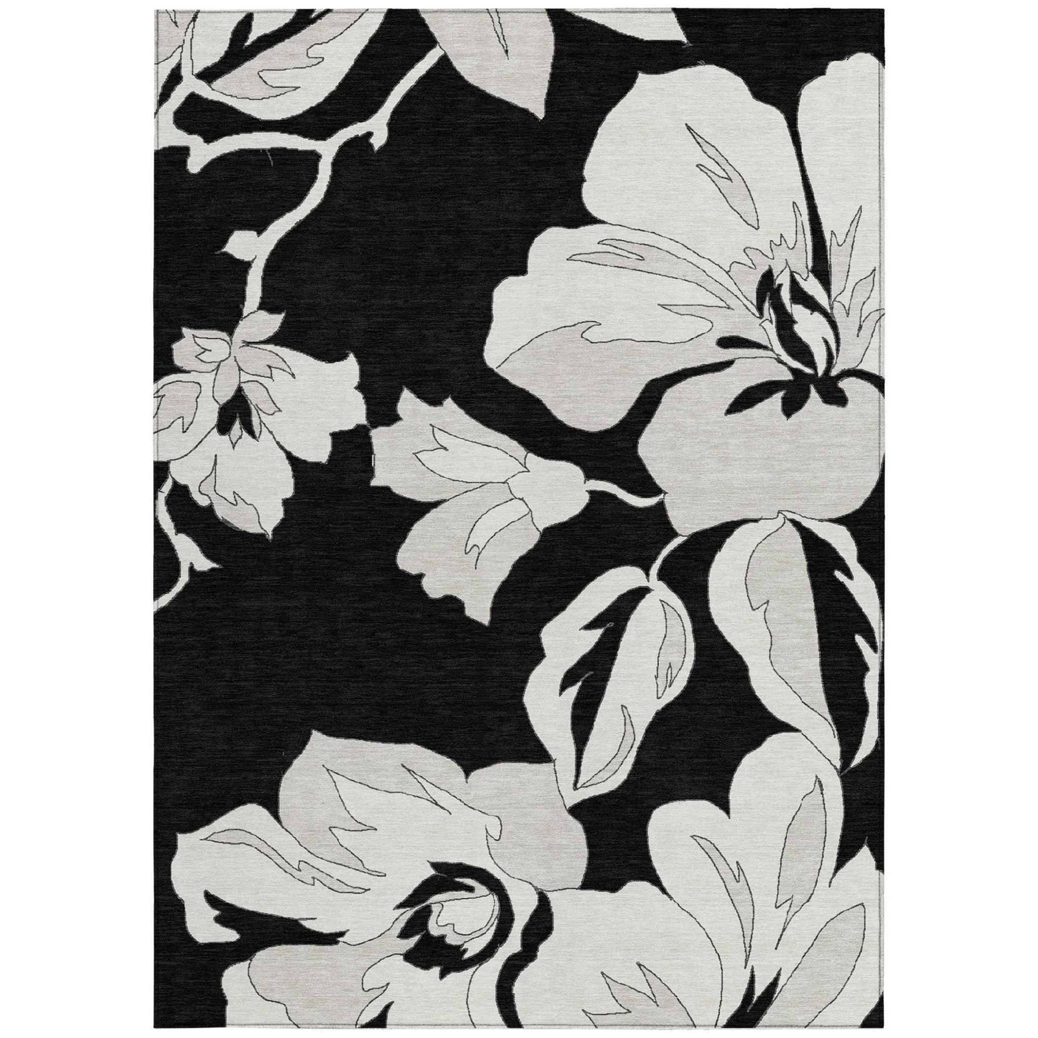 10' X 14' Black Gray And Silver Floral Washable Indoor Outdoor Area Rug
