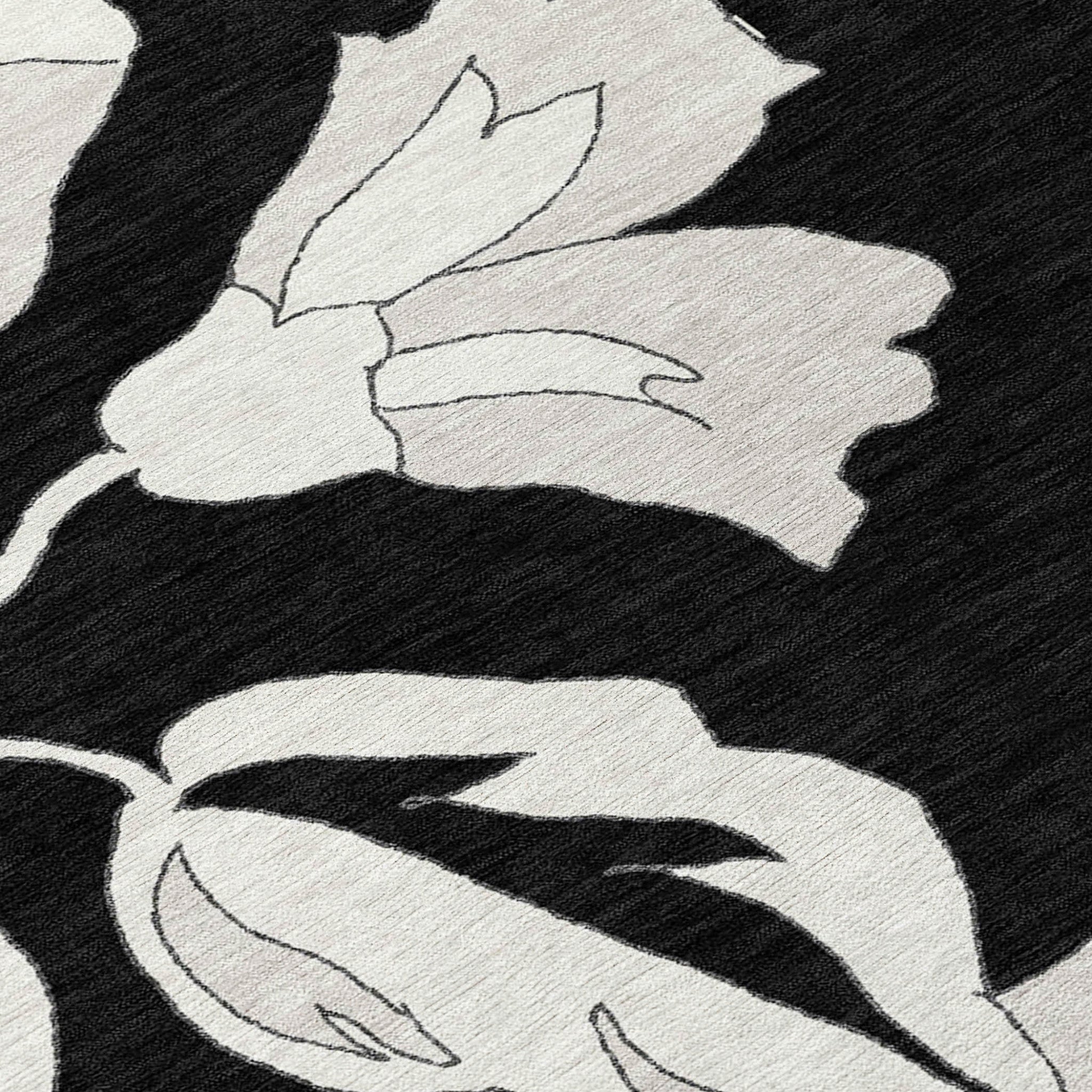 10' X 14' Black Gray And Silver Floral Washable Indoor Outdoor Area Rug