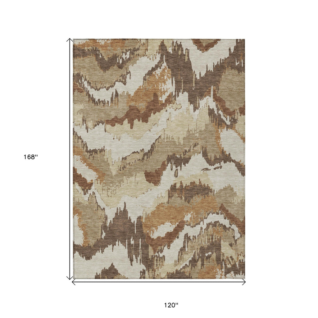 10' X 14' Brown And Beige Abstract Washable Indoor Outdoor Area Rug