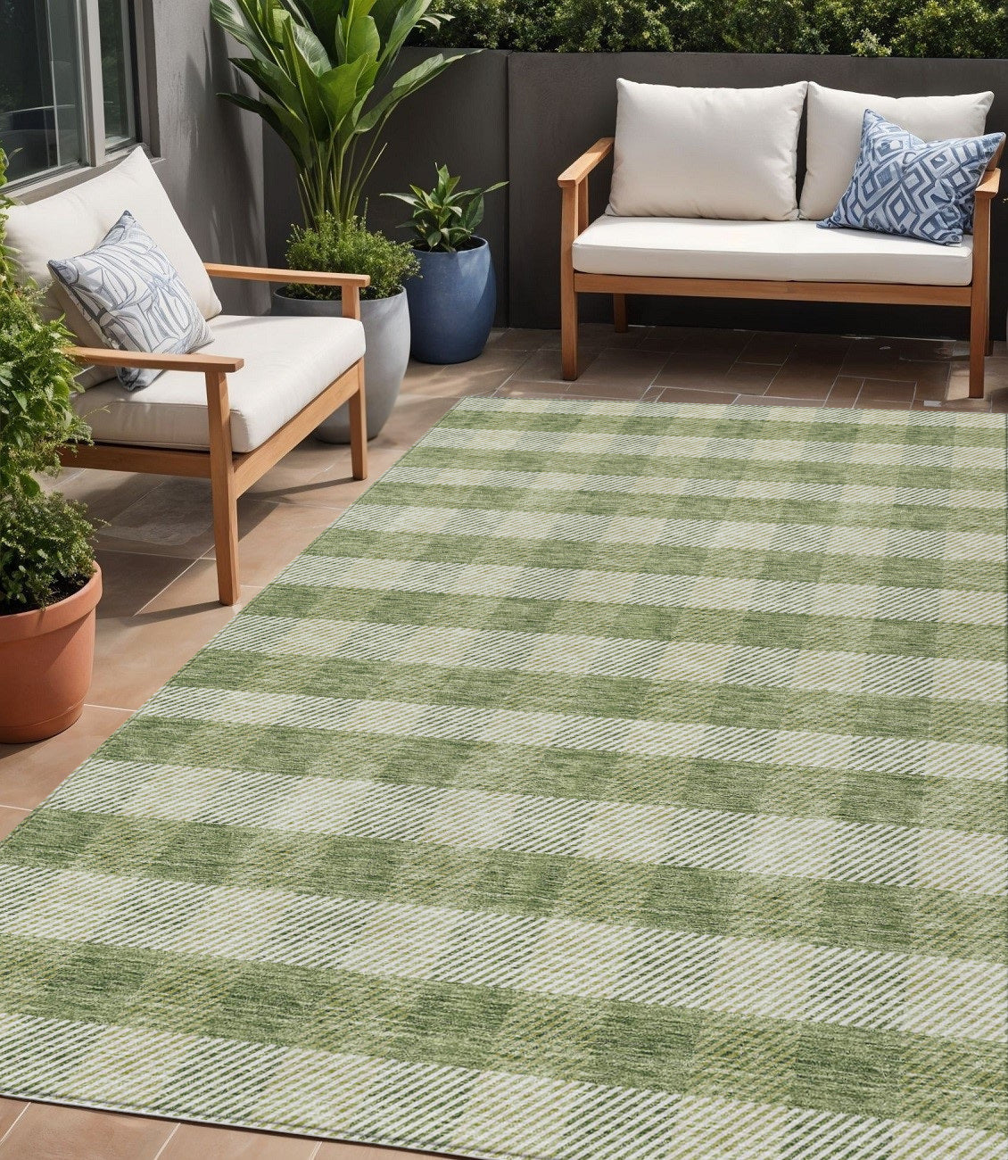 5' X 8' Green And Light Green Plaid Washable Indoor Outdoor Area Rug