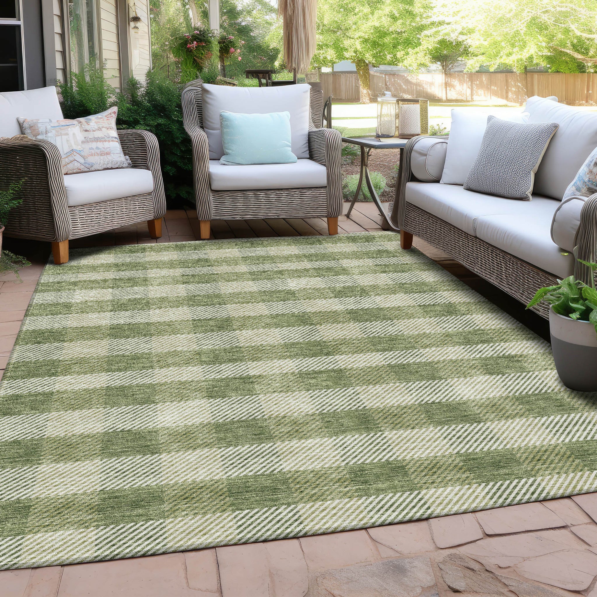 5' X 8' Green And Light Green Plaid Washable Indoor Outdoor Area Rug