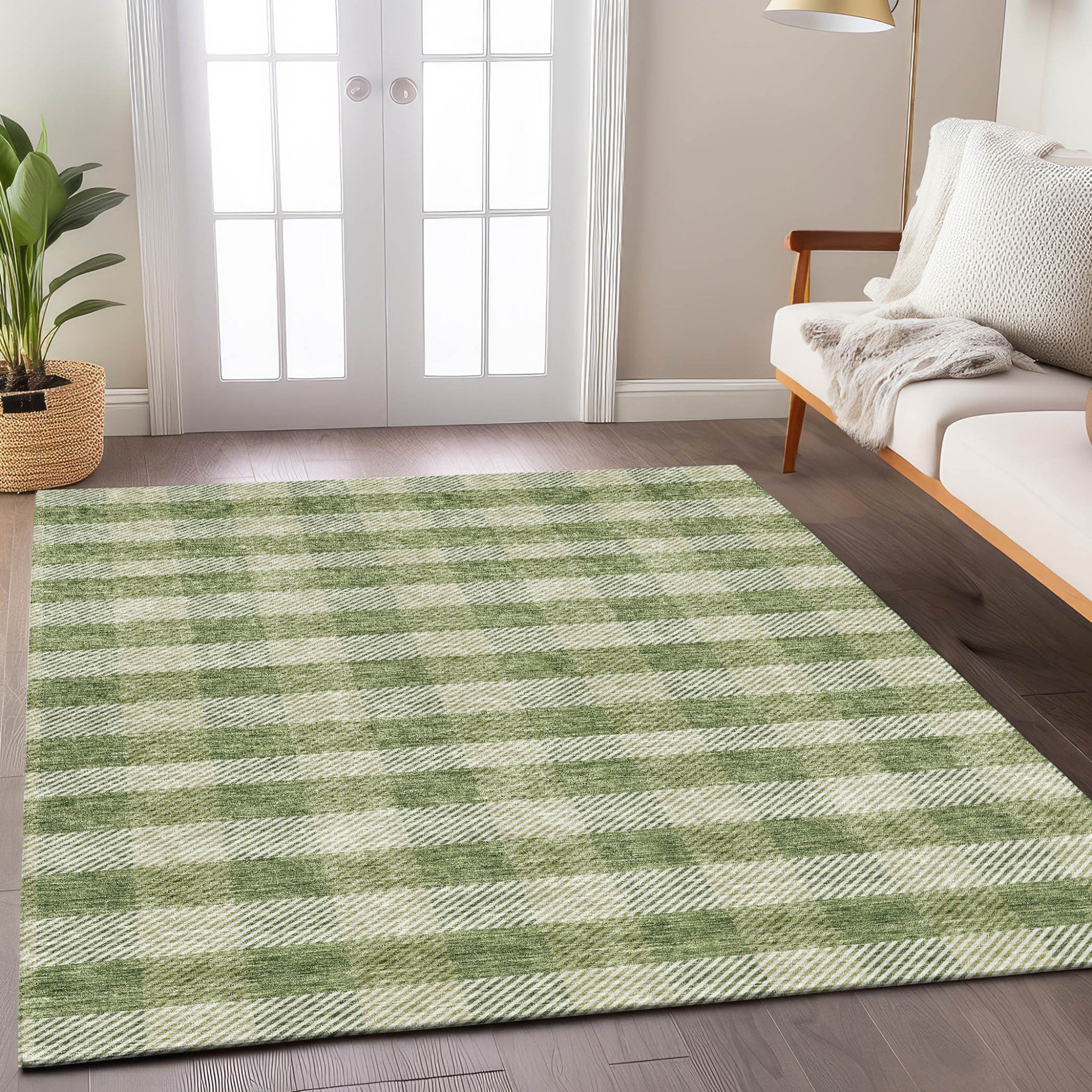 5' X 8' Green And Light Green Plaid Washable Indoor Outdoor Area Rug