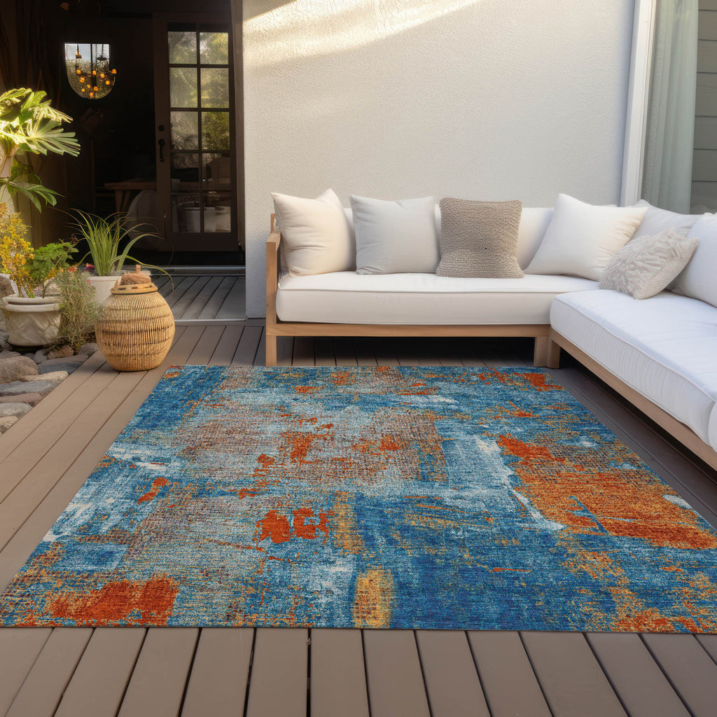 5' X 8' Navy Blue Orange And Ivory Abstract Washable Indoor Outdoor Area Rug