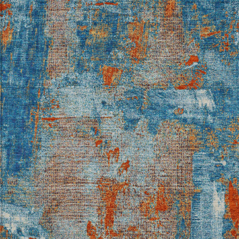 5' X 8' Navy Blue Orange And Ivory Abstract Washable Indoor Outdoor Area Rug