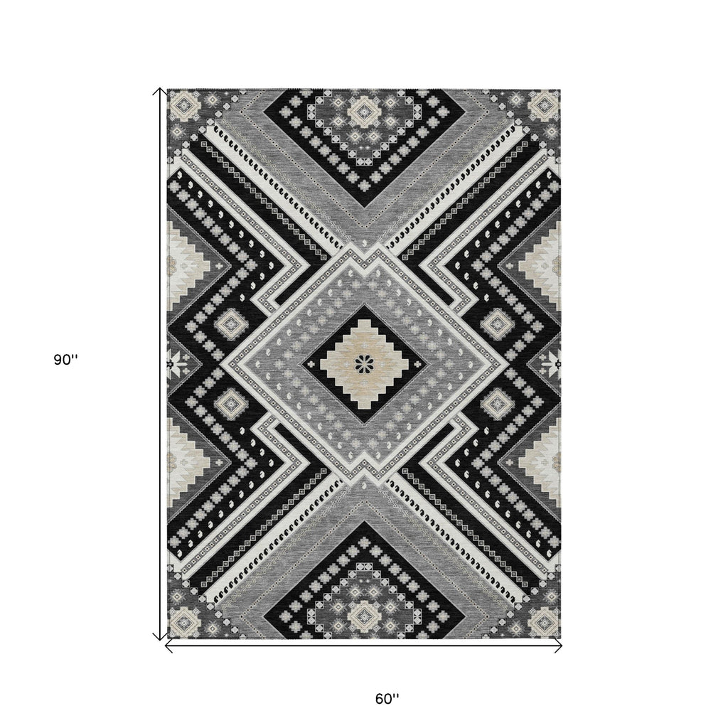 5' X 8' Black Gray And Ivory Tribal Washable Indoor Outdoor Area Rug