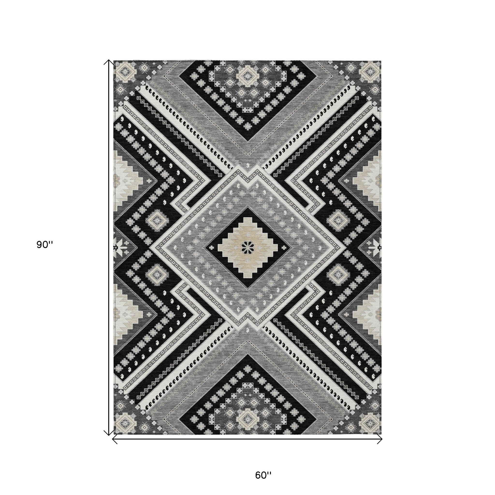 5' X 8' Black Gray And Ivory Tribal Washable Indoor Outdoor Area Rug