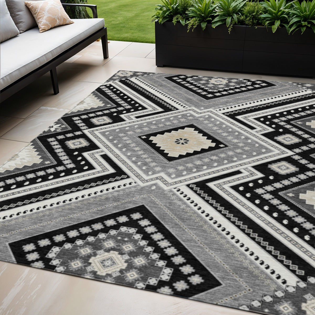 5' X 8' Black Gray And Ivory Tribal Washable Indoor Outdoor Area Rug