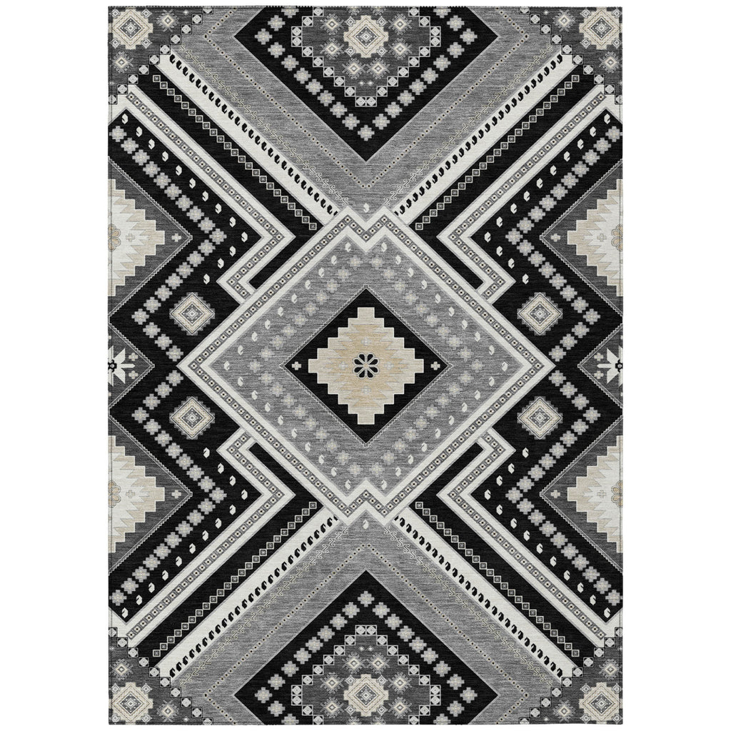 5' X 8' Black Gray And Ivory Tribal Washable Indoor Outdoor Area Rug