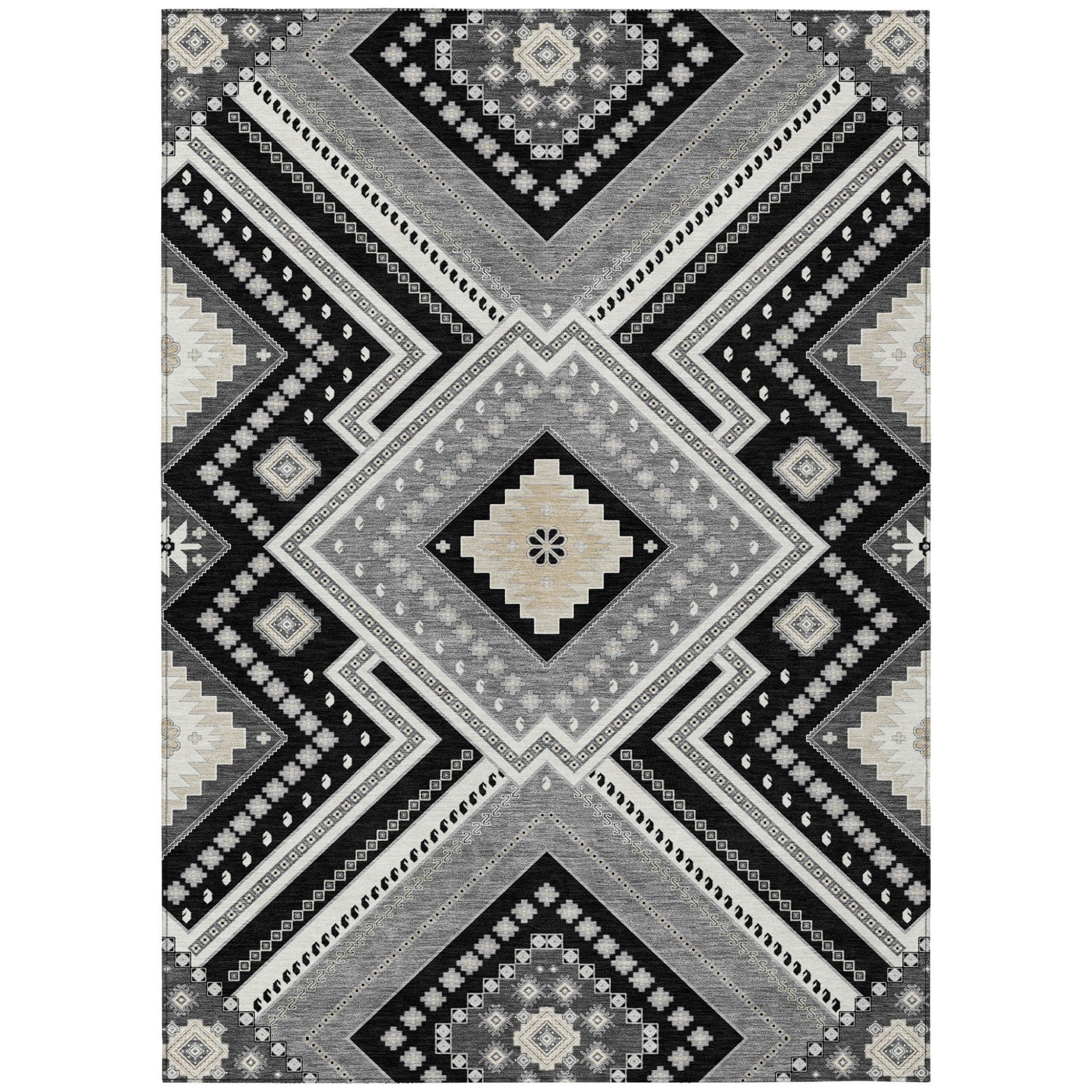 5' X 8' Black Gray And Ivory Tribal Washable Indoor Outdoor Area Rug