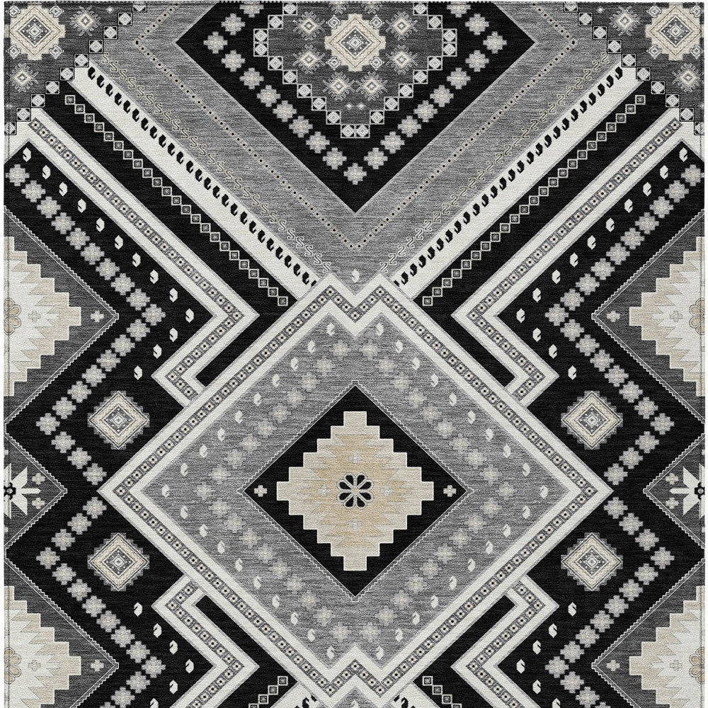 5' X 8' Black Gray And Ivory Tribal Washable Indoor Outdoor Area Rug