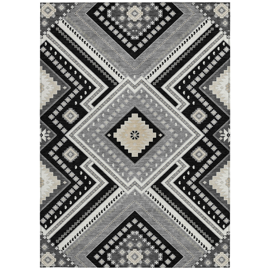 5' X 8' Black Gray And Ivory Tribal Washable Indoor Outdoor Area Rug
