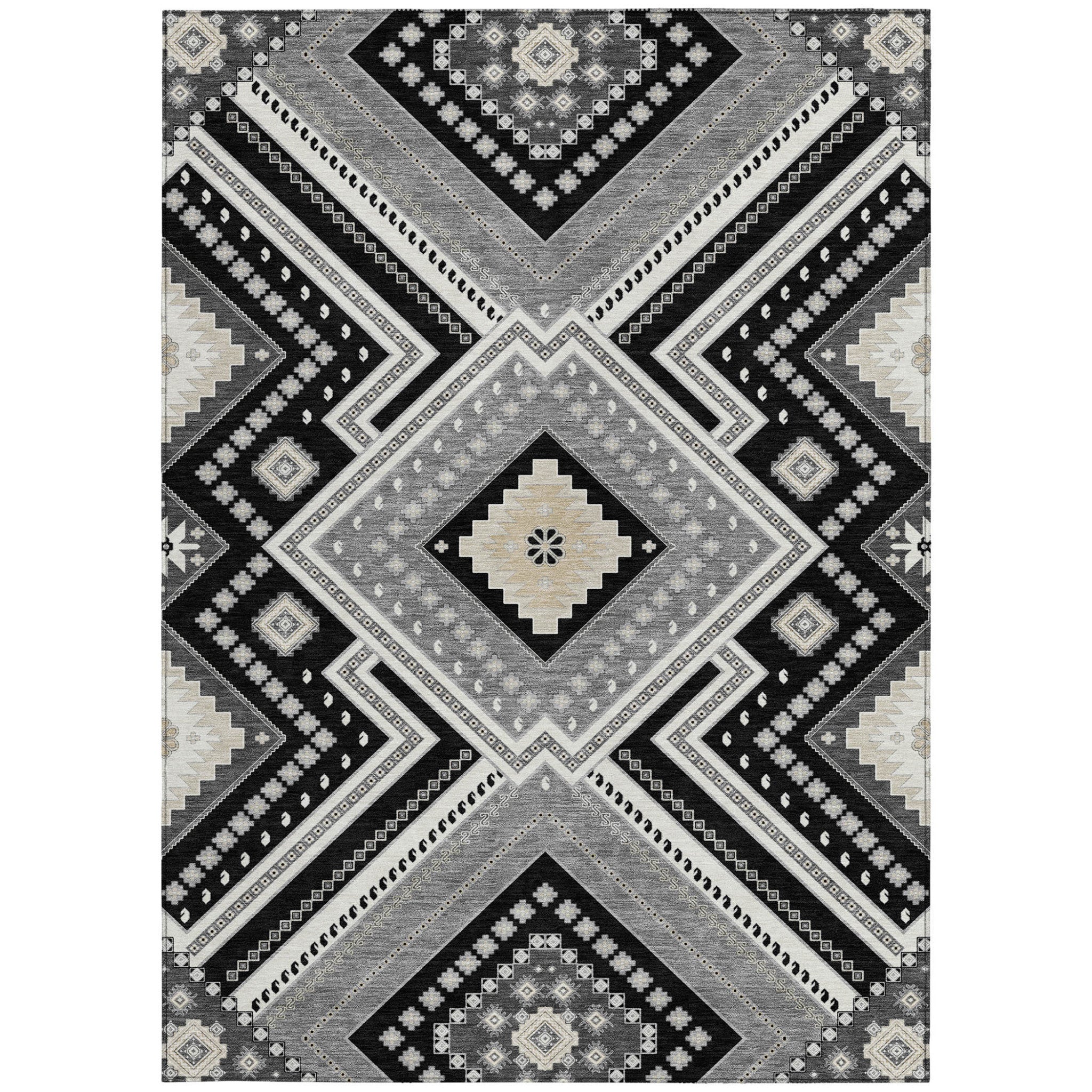 5' X 8' Black Gray And Ivory Tribal Washable Indoor Outdoor Area Rug