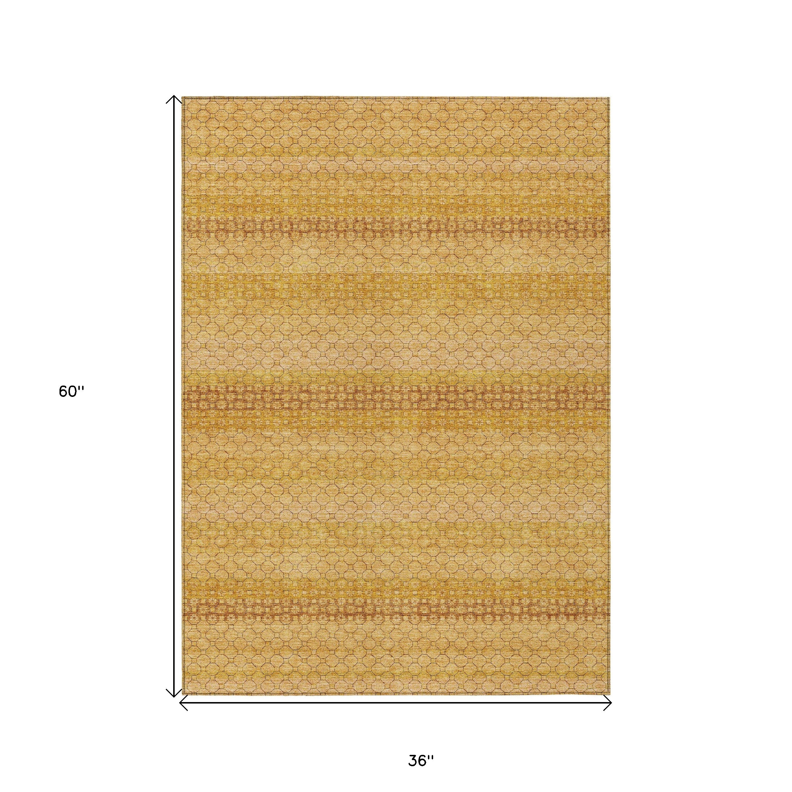 3' X 5' Wheat And Gold Striped Washable Indoor Outdoor Area Rug
