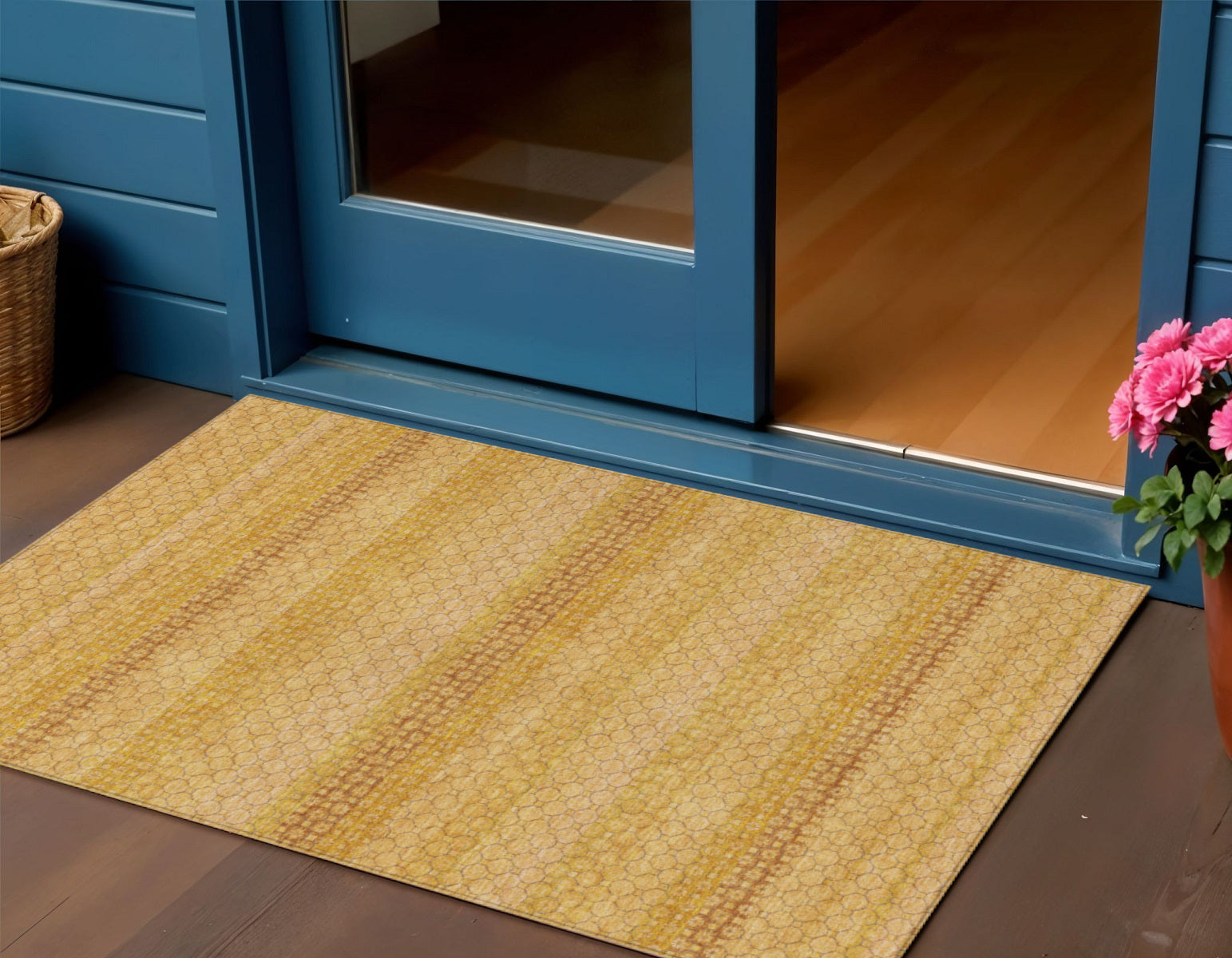 3' X 5' Wheat And Gold Striped Washable Indoor Outdoor Area Rug