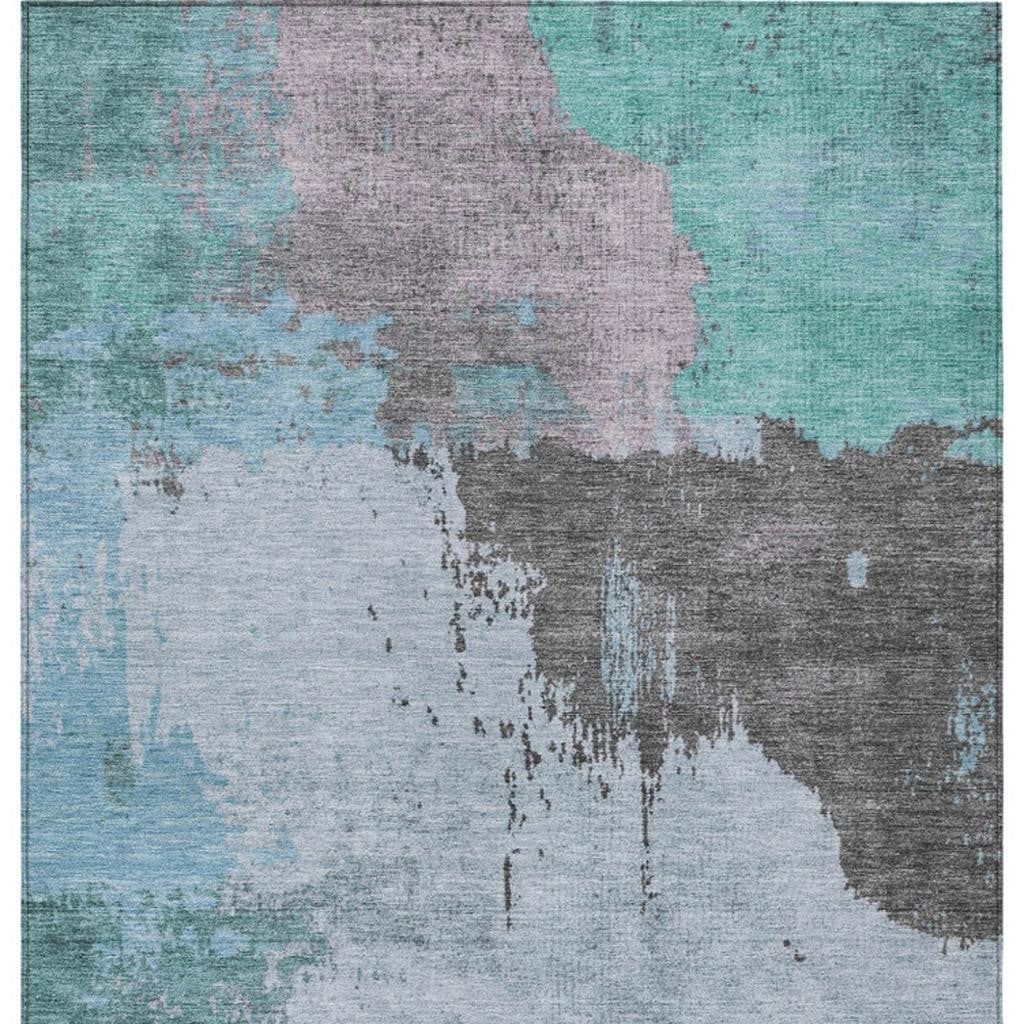 5' X 8' Teal Blue Aqua And Taupe Abstract Washable Indoor Outdoor Area Rug