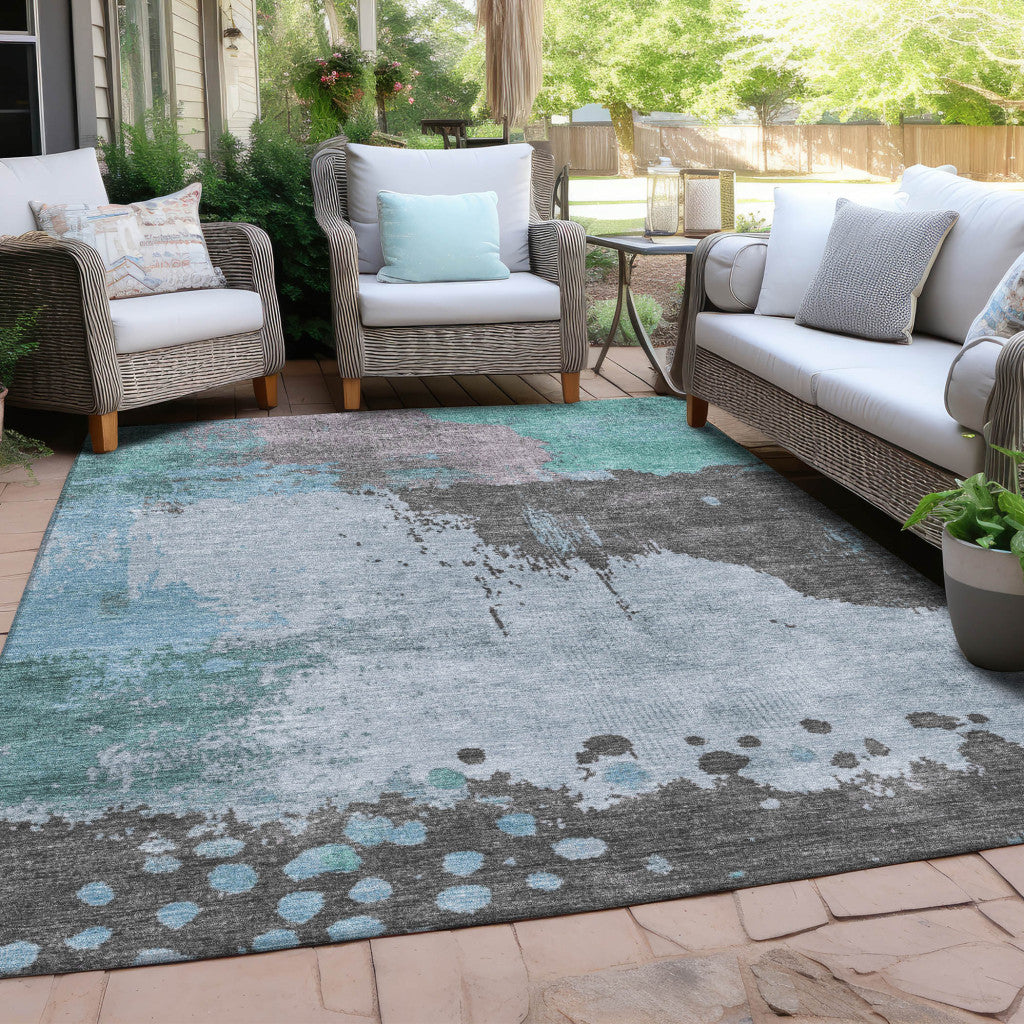 5' X 8' Teal Blue Aqua And Taupe Abstract Washable Indoor Outdoor Area Rug