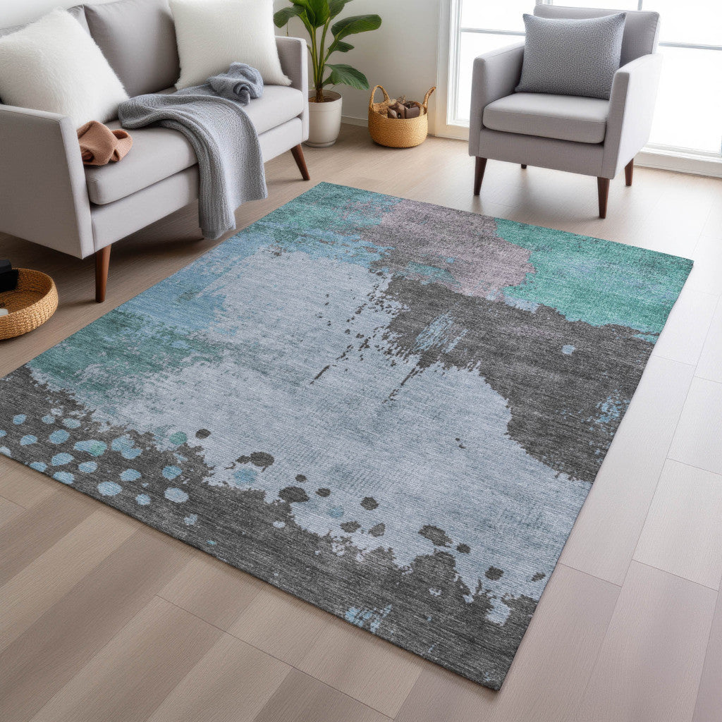 5' X 8' Teal Blue Aqua And Taupe Abstract Washable Indoor Outdoor Area Rug