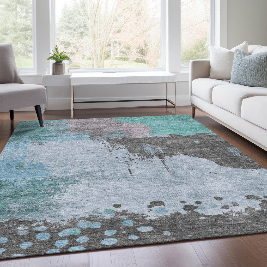 5' X 8' Teal Blue Aqua And Taupe Abstract Washable Indoor Outdoor Area Rug