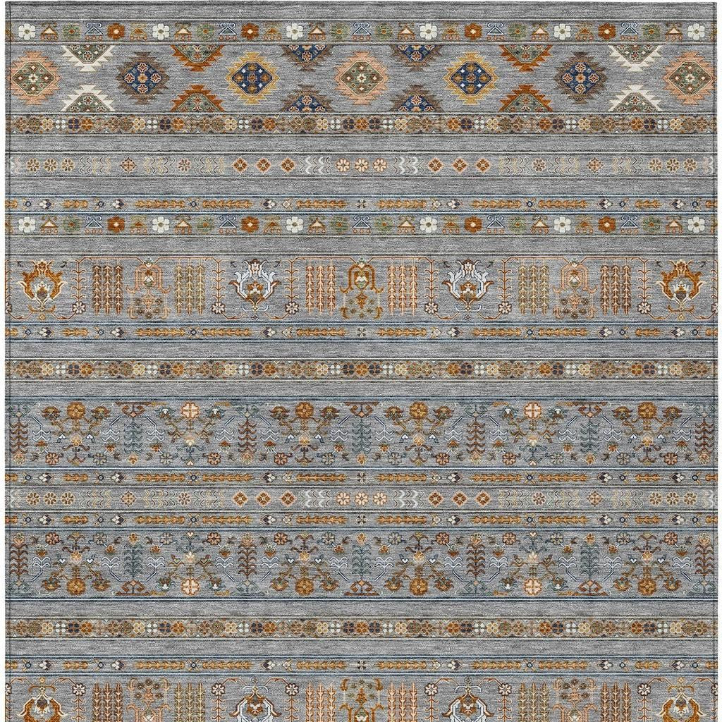 10' X 14' Gray Blue And Copper Tribal Washable Indoor Outdoor Area Rug