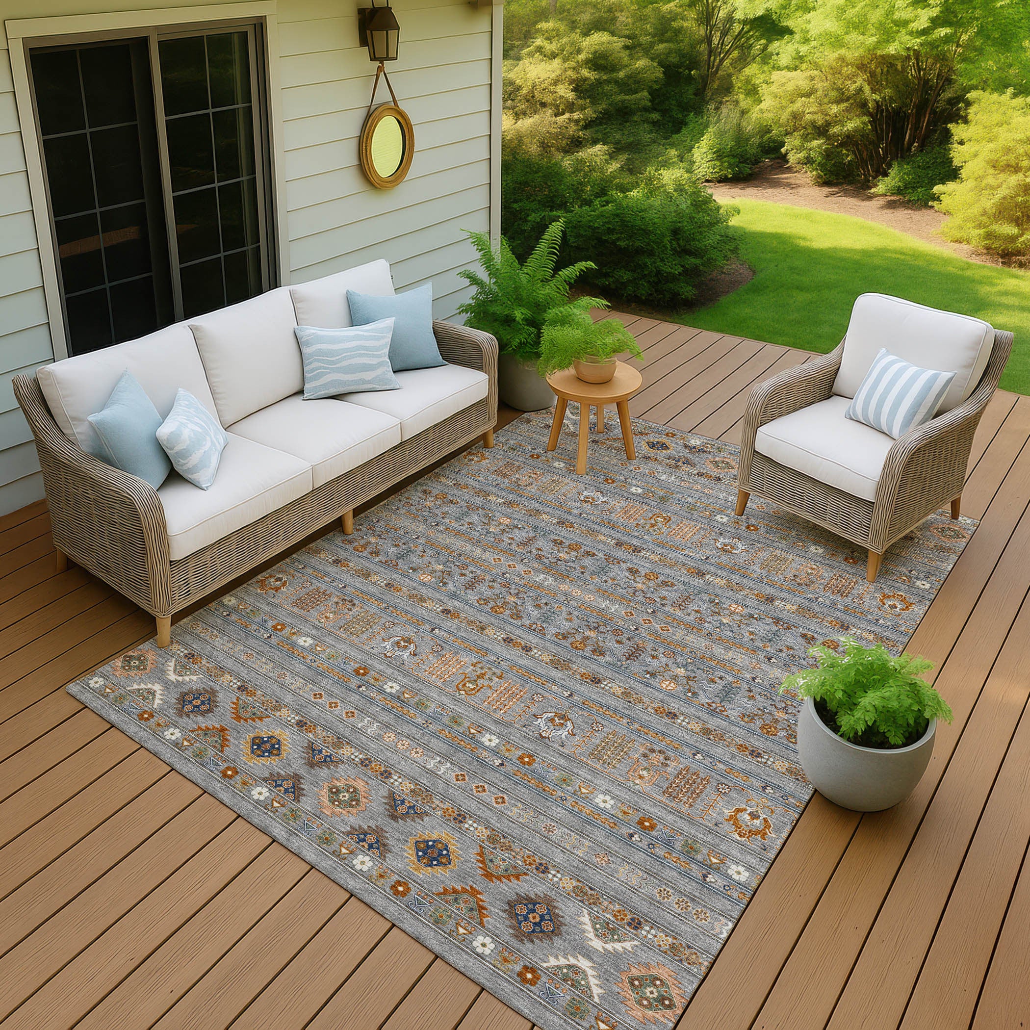 10' X 14' Gray Blue And Copper Tribal Washable Indoor Outdoor Area Rug