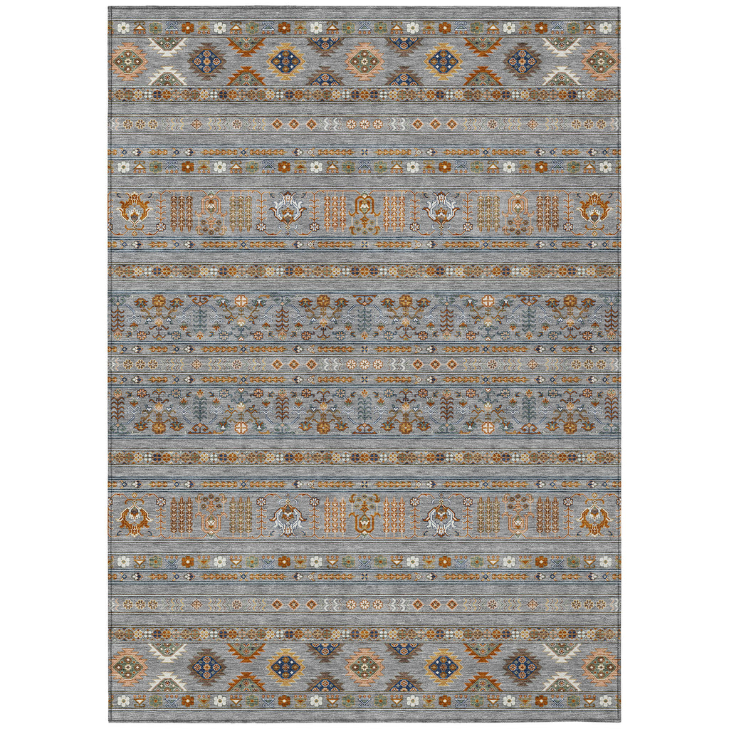 10' X 14' Gray Blue And Copper Tribal Washable Indoor Outdoor Area Rug