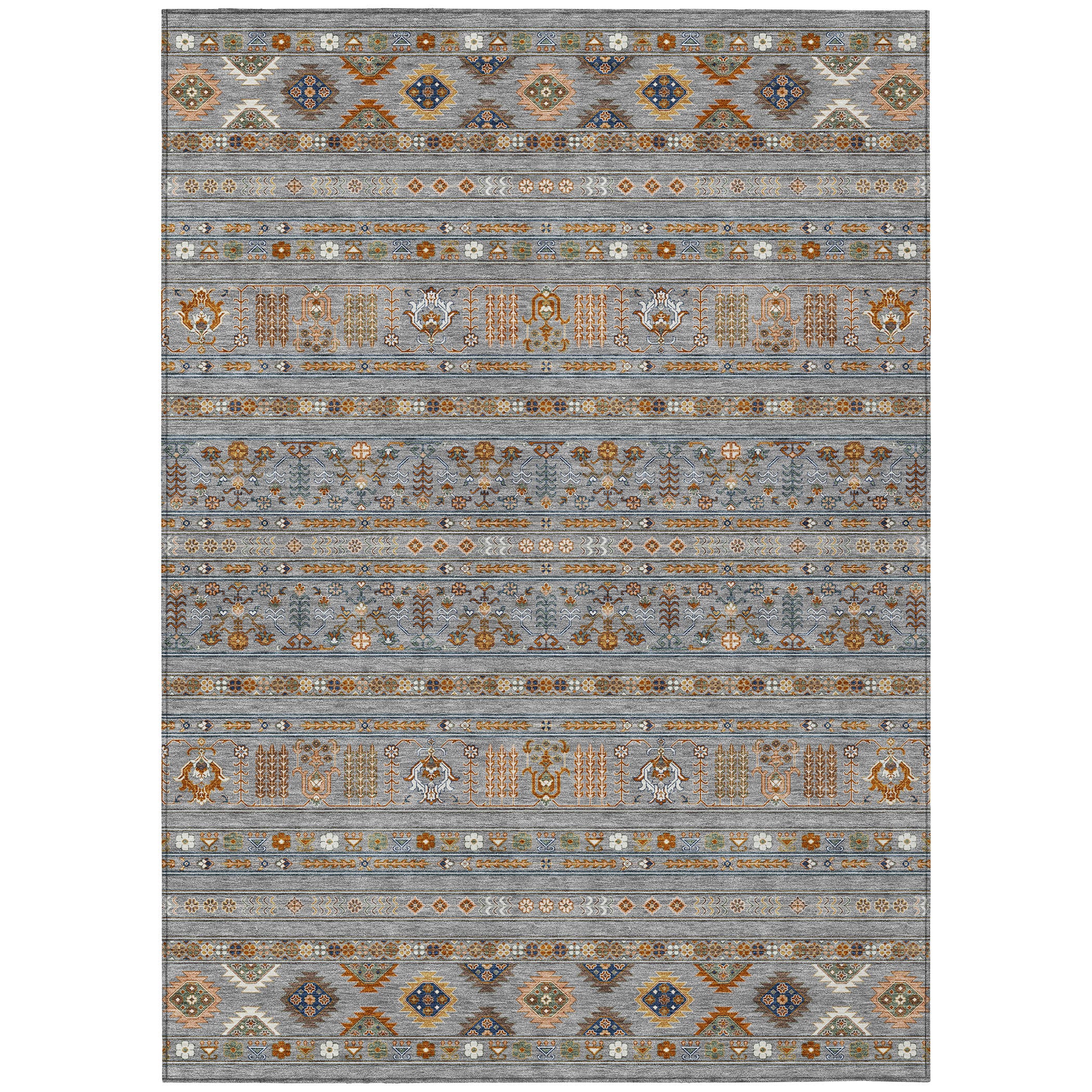 10' X 14' Gray Blue And Copper Tribal Washable Indoor Outdoor Area Rug