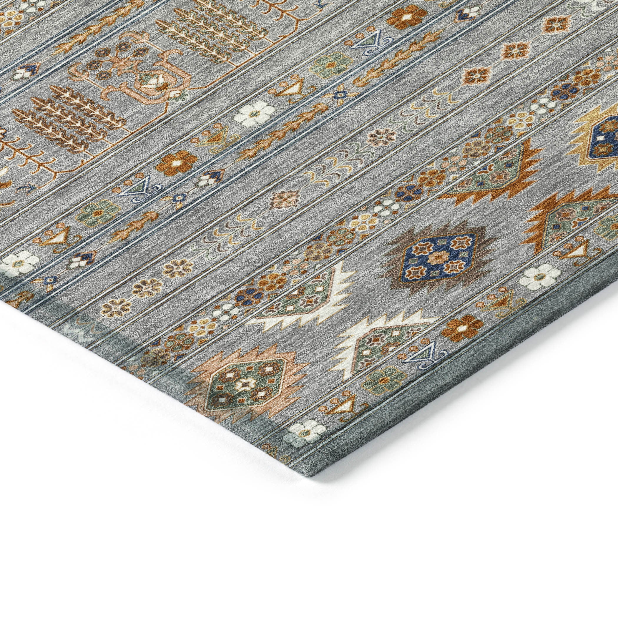 10' X 14' Gray Blue And Copper Tribal Washable Indoor Outdoor Area Rug