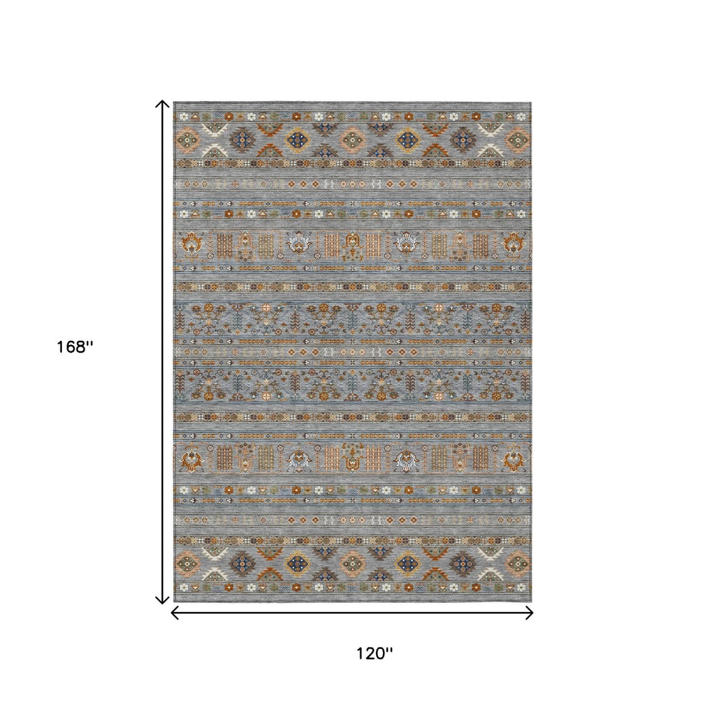 10' X 14' Gray Blue And Copper Tribal Washable Indoor Outdoor Area Rug