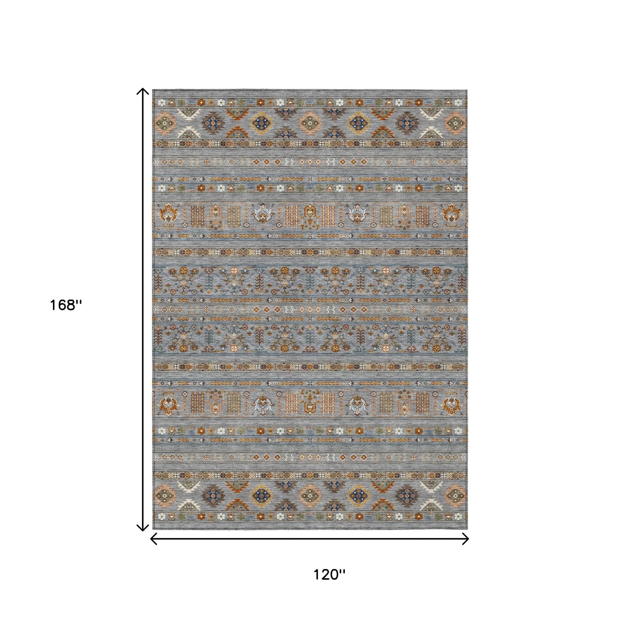 10' X 14' Gray Blue And Copper Tribal Washable Indoor Outdoor Area Rug