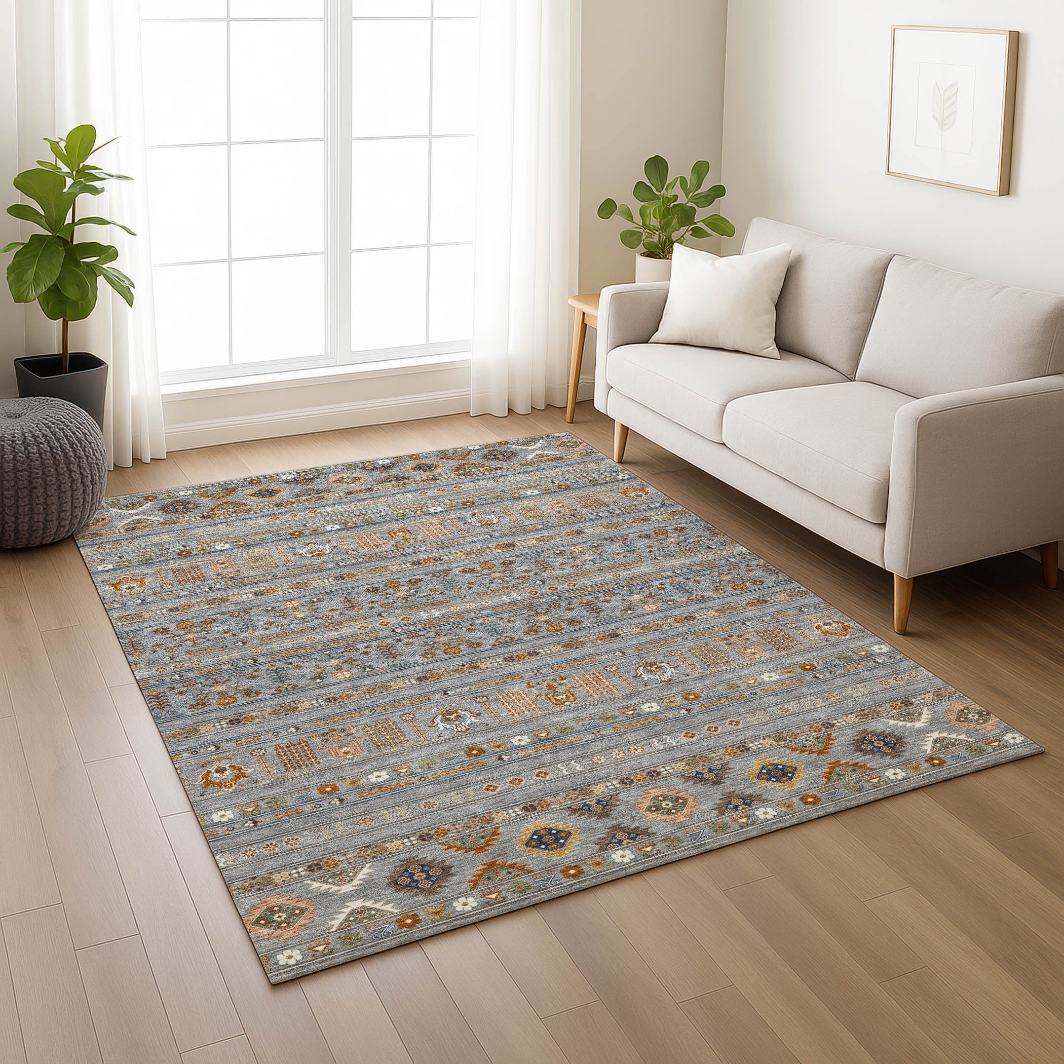 10' X 14' Gray Blue And Copper Tribal Washable Indoor Outdoor Area Rug